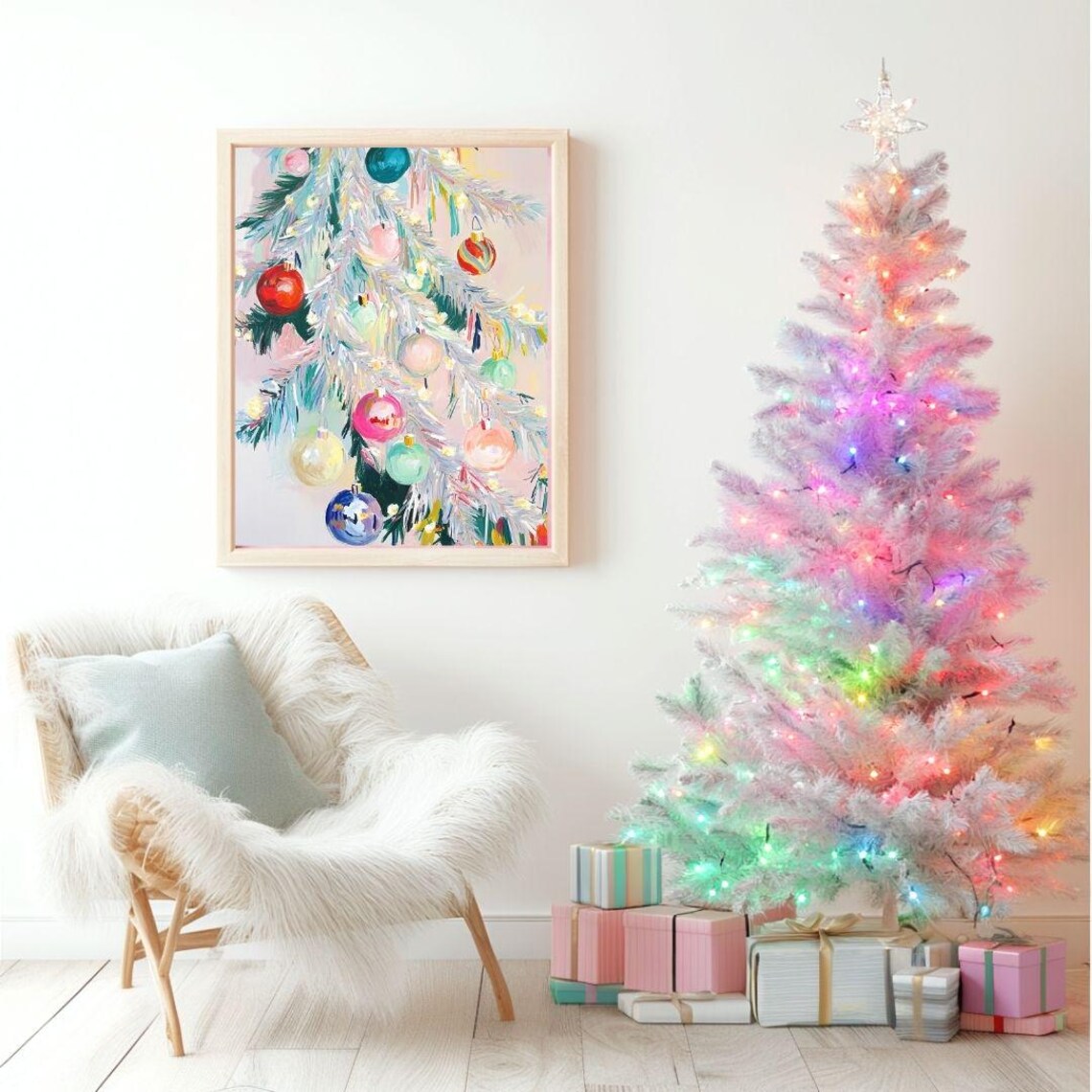 Pastel Christmas Tree Tinsel Colorful Ornaments Holiday Decor Poster - Image 2