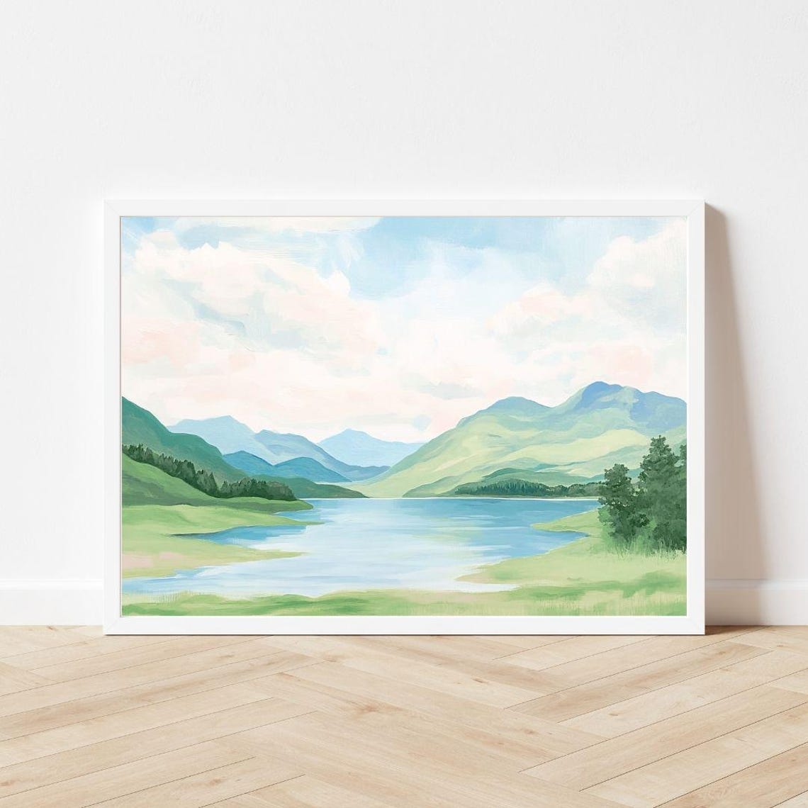 Green Mountain Lake Under Soft Clouds Pastel Landscape Poster - Image 3