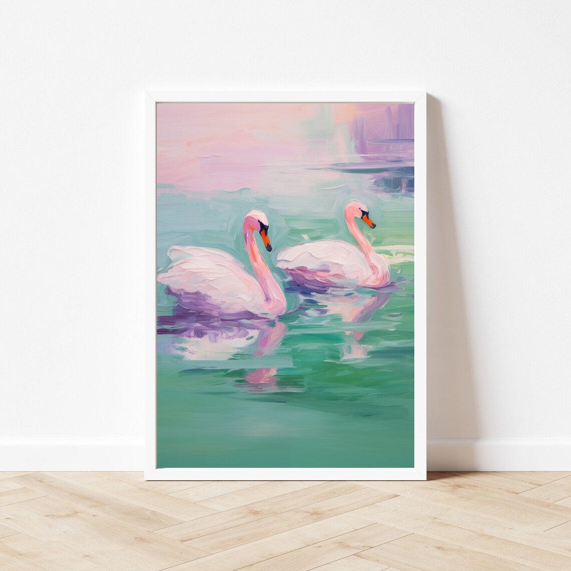 Two White Swans Swimming on Green Water Sunset Painting Poster - Image 3