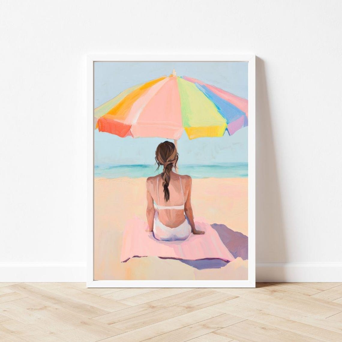 Woman Relaxing Under a Rainbow Beach Umbrella in Summer Poster - Image 3