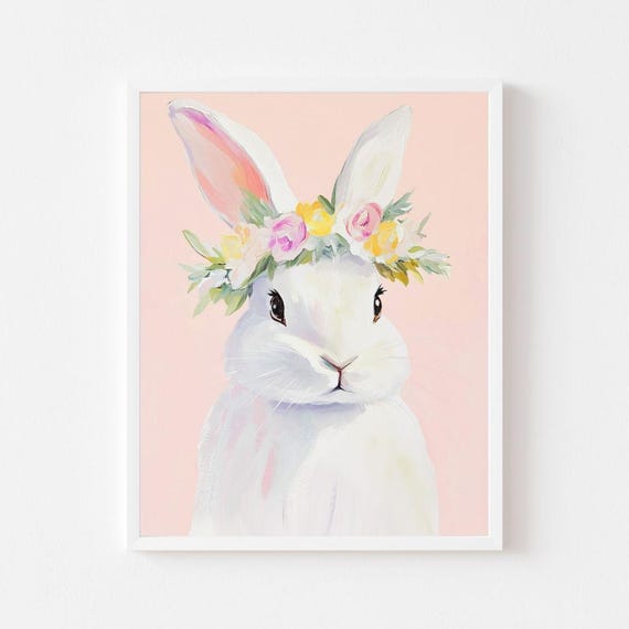 White Rabbit With Floral Crown, Easter Bunny Art Print