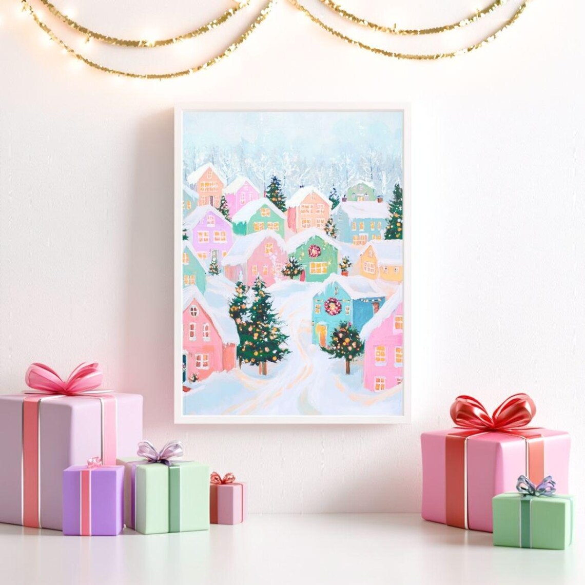 Pastel Christmas Village Painting, Kids Room Poster Print - Image 2