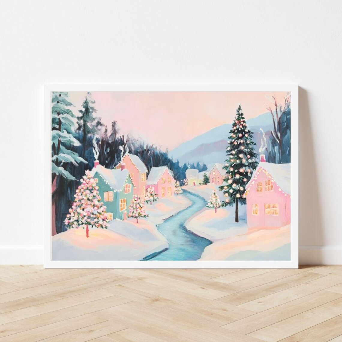 Snowy Christmas Village River, Pastel Winter Art Print - Image 3