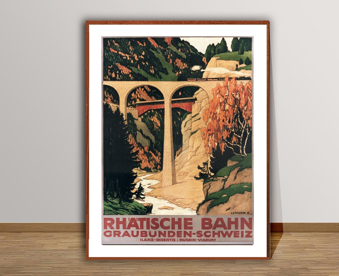 Rhatische Bahn Graubunden Swiss Railway Viaduct Vintage Travel Poster - Image 2