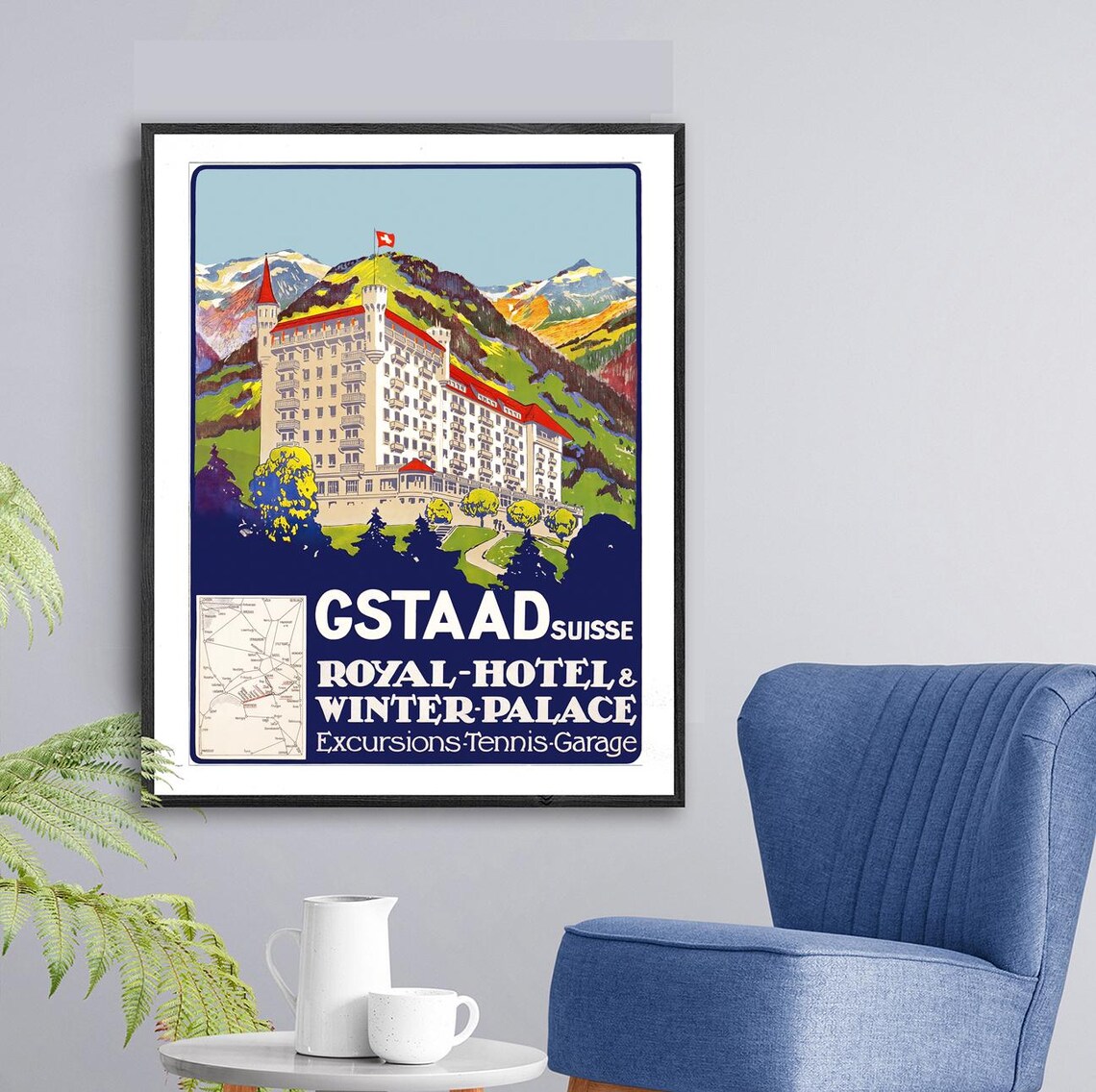 Gstaad Suisse Royal Hotel Winter Palace Alpine Travel Poster