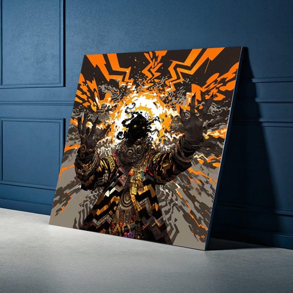 Electric Shaman Canvas Wall Art Abstract Tribal Figure Bold Orange And Black Ethnic Modern Mystical Home Decor Ready To Hang