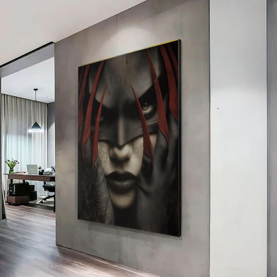 Dark Gothic Woman Portrait Canvas Horror Wall Art Black And Red Claw Hands Moody Face Closeup Dramatic Halloween Decoration