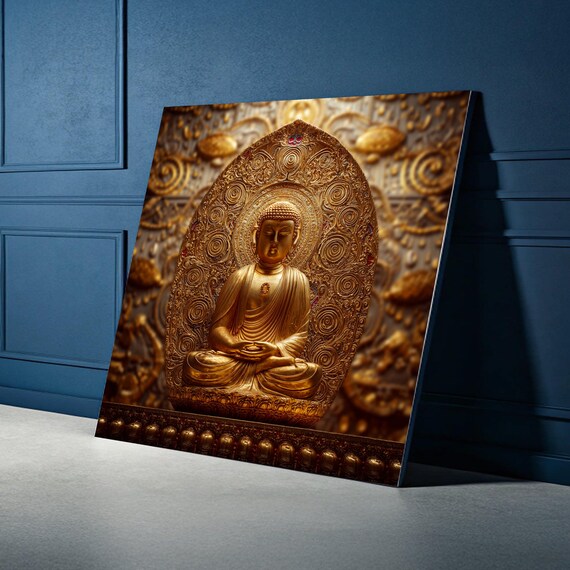 Golden Buddha Statue Canvas Wall Art Spiritual Meditation Decor Intricate Religious Artwork Zen Home Decoration Tranquil Asian Print
