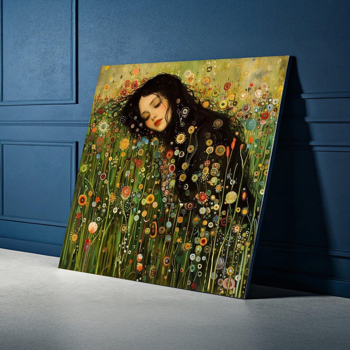Woman Resting In Wildflower Meadow Klimt Style Golden Floral Wall Art