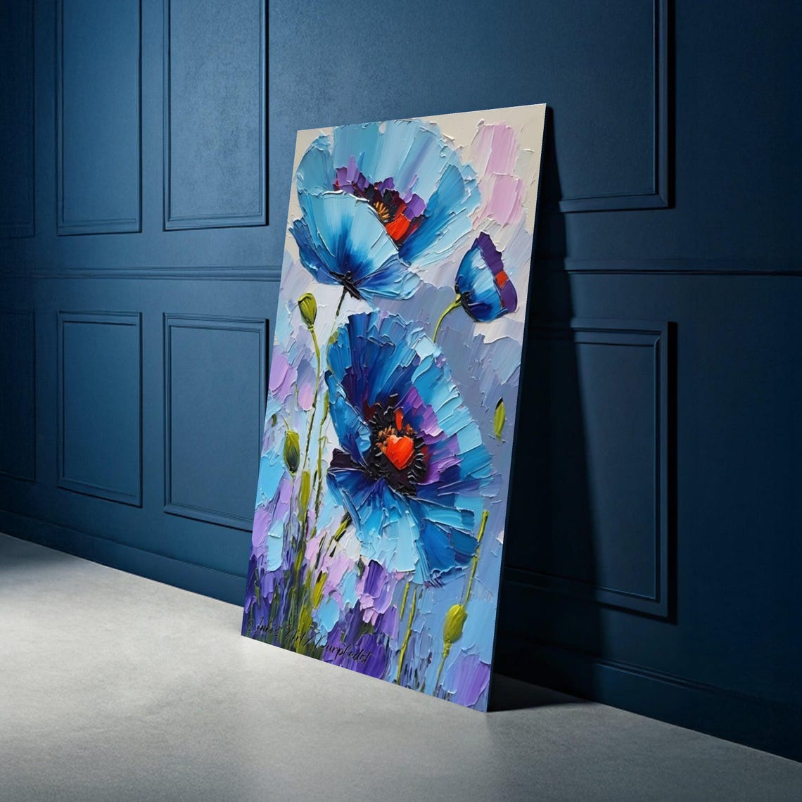 Blue Poppy Flowers Impasto Oil Painting Floral Artwork Poster