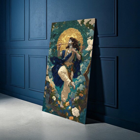 Divine Krishna Playing Flute Canvas Mythology Art Spiritual Wall Decor Hindu God Painting Ornate Blue And Gold