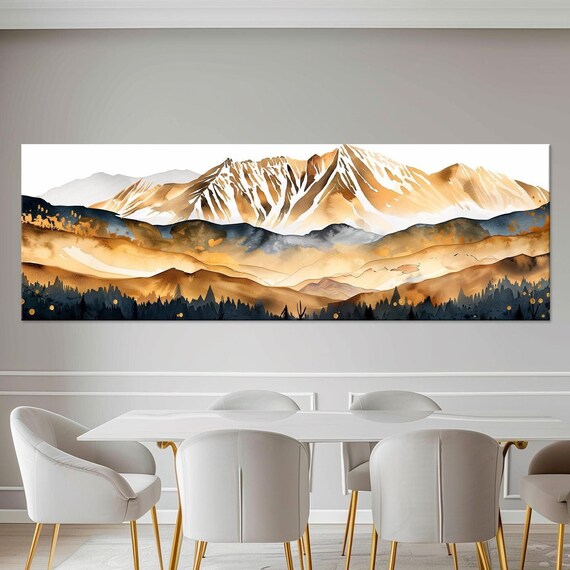 Mountains Print Landscape Wall Art Nature Print Forest Living Room Decor Extra Large Wall Art Abstract Art Golden Mountain Art
