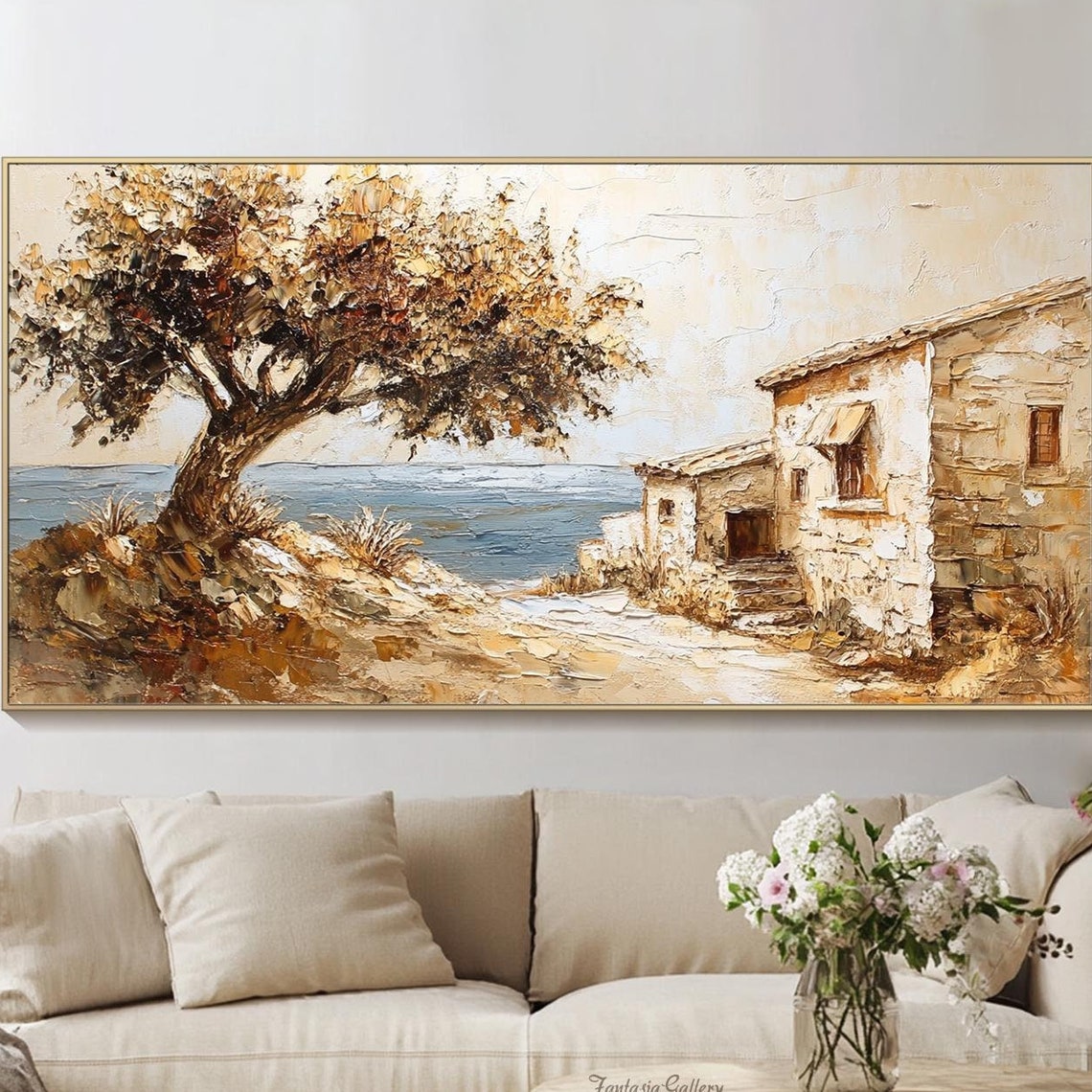 Rustic Coastal Stone House With Olive Tree By The Sea Wall Art