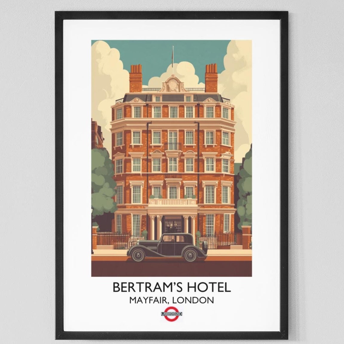 Bertrams Hotel Mayfair London Brick Facade Vintage Car Classic Poster