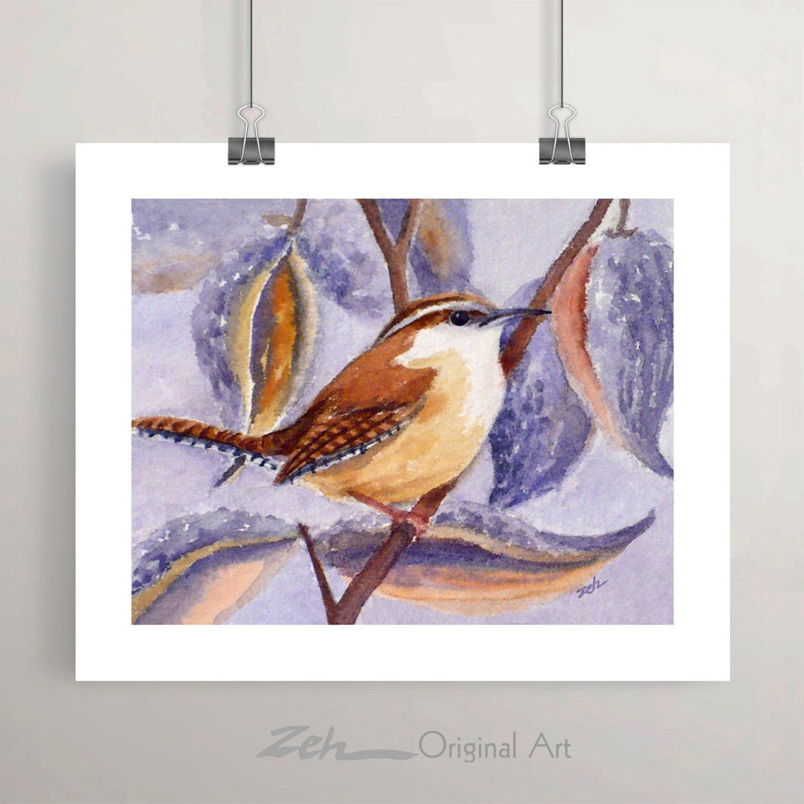 Wren Bird Perched Purple Seed Pods Watercolor Nature Art Poster