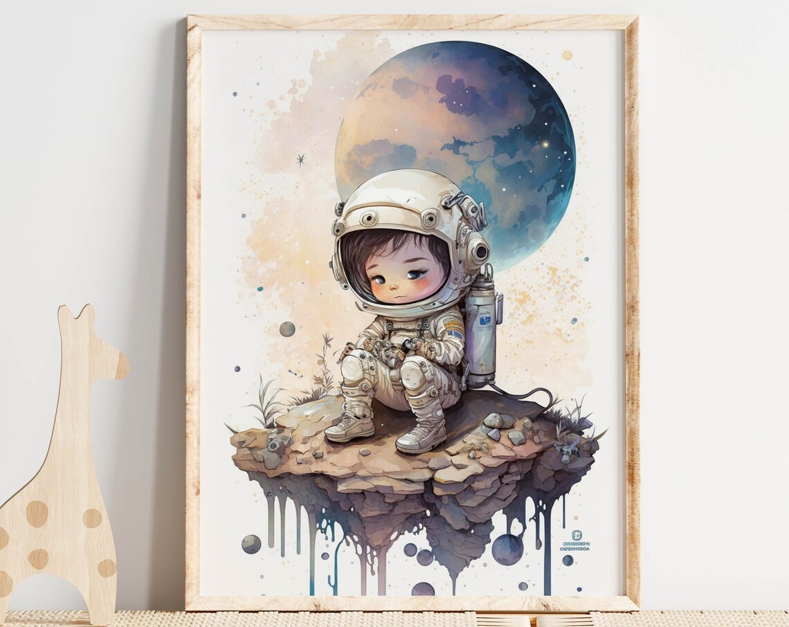 Baby Astronaut Boy Watercolor Nursery Print Floating Island Moon Kids Art