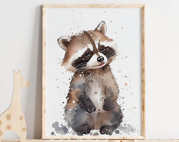 Nursery Wall Art Racoon Watercolor Painting Print Woodland Nursery Modern Nursery Decor Baby Shower Gift Girls Room Art Newborn Gift