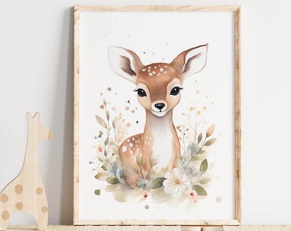 Nursery Wall Art Baby Deer Watercolor Painting Print Woodland Nursery Modern Nursery Decor Baby Shower Girls Room Art Newborn Gift