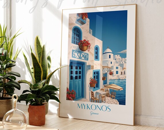Mykonos Greece Travel Poster Whitewashed Alley Blue Doors Art Illustration