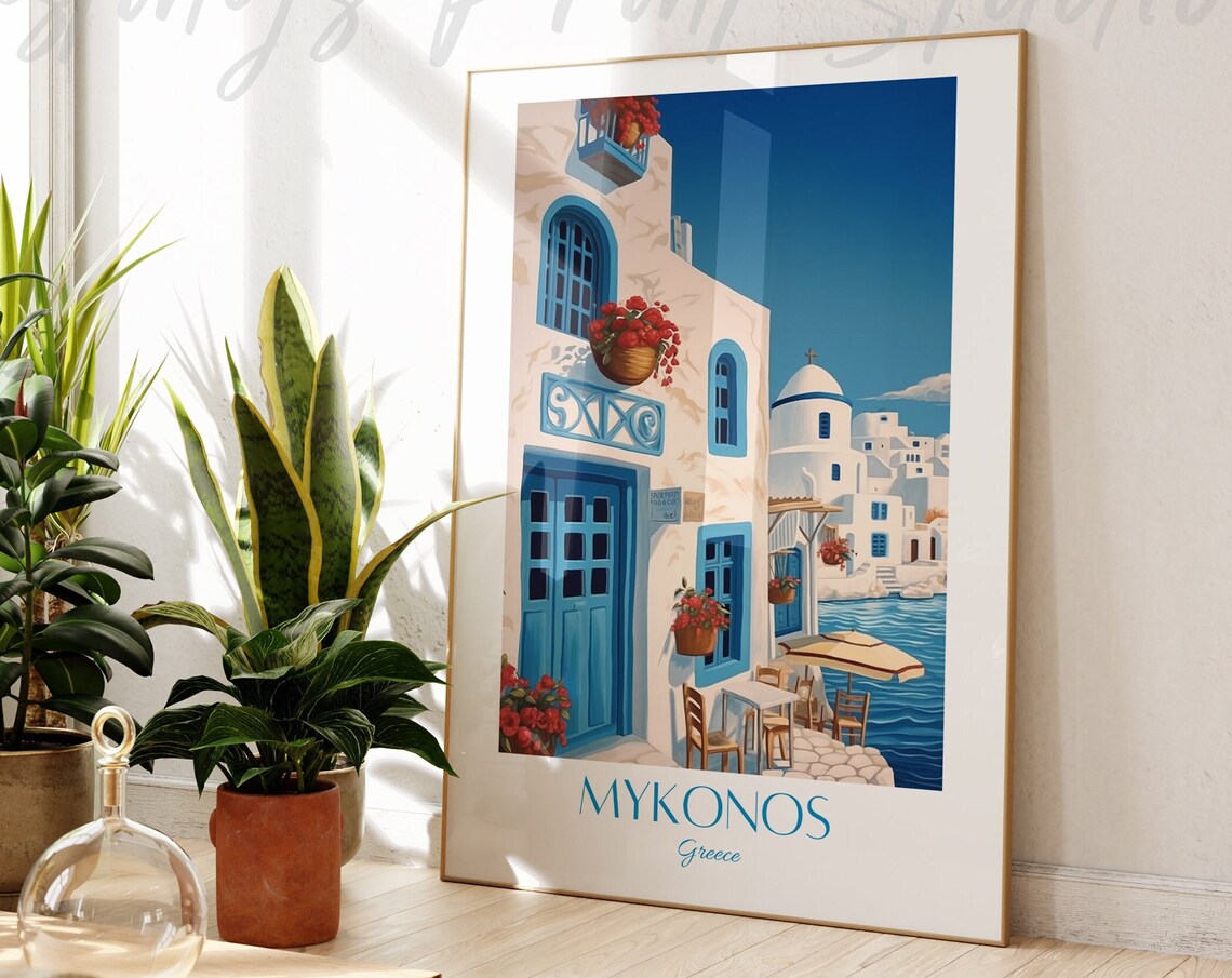 Mykonos Greece Travel Poster Whitewashed Alley Blue Doors Art Illustration