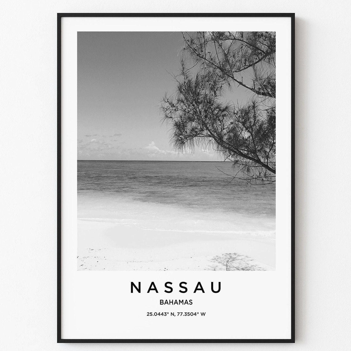 Nassau Bahamas Black White Beach Ocean Monochrome Wall Poster