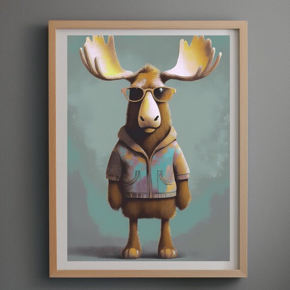 Hipster Moose Wearing Sunglasses Colorful Jacket Funny Art Poster