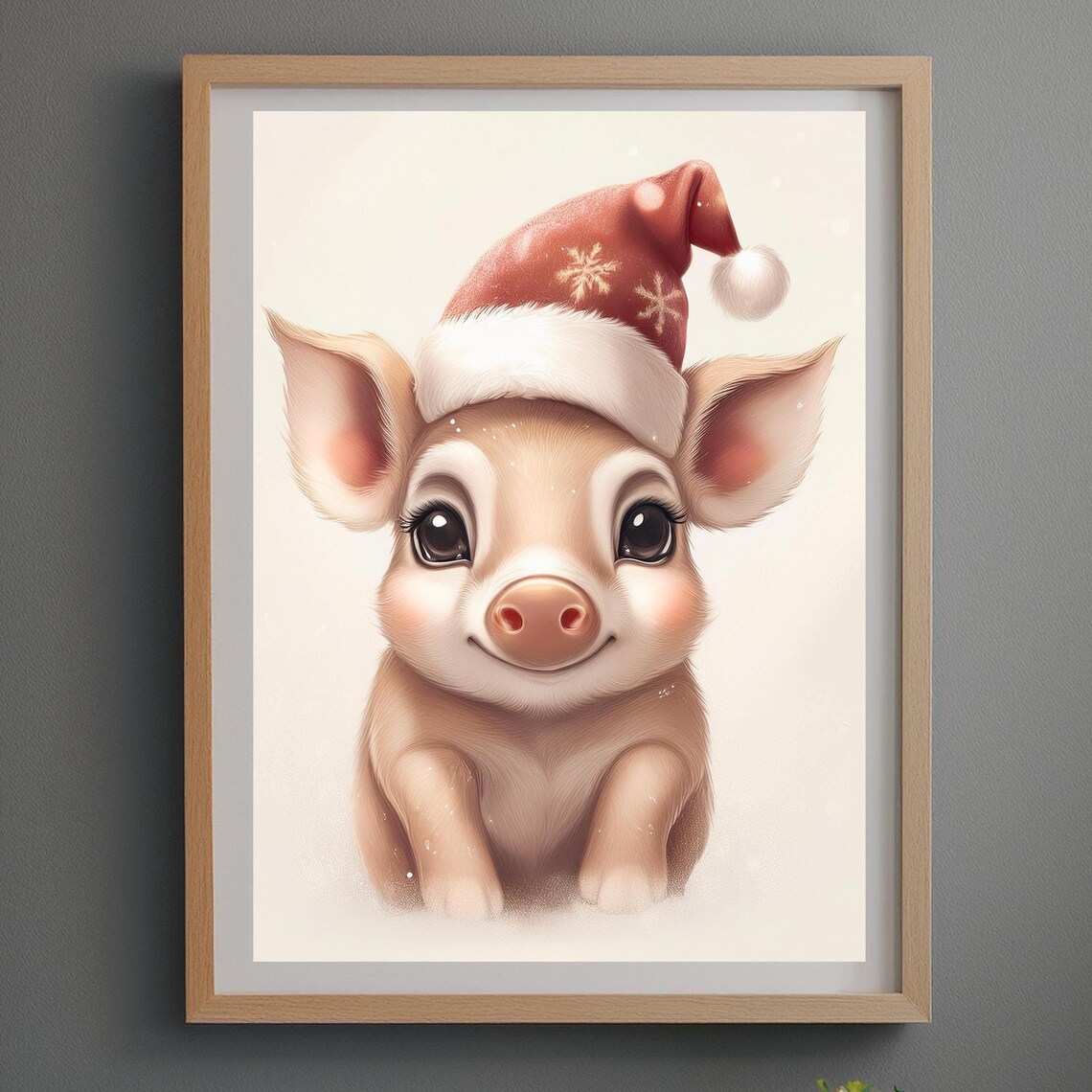Christmas Baby Piglet in Snowflake Santa Hat Cute Holiday Poster - Image 3