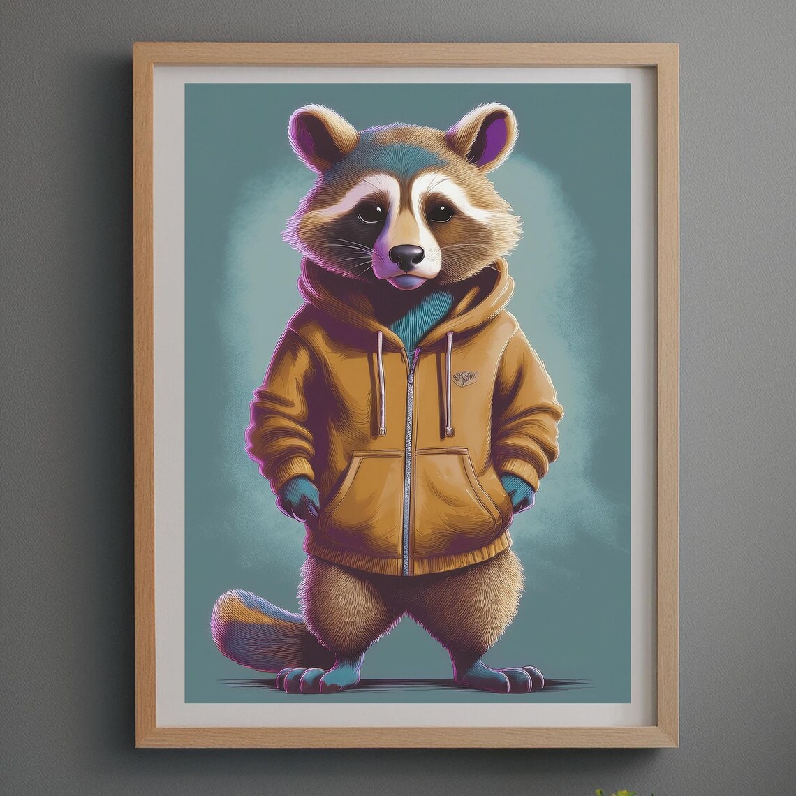 Cool Raccoon in Mustard Zip Hoodie Funny Illustrated Animal Poster