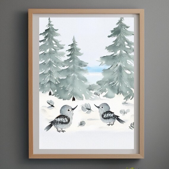 Two Winter Songbirds in Snowy Forest Watercolor Nursery Poster