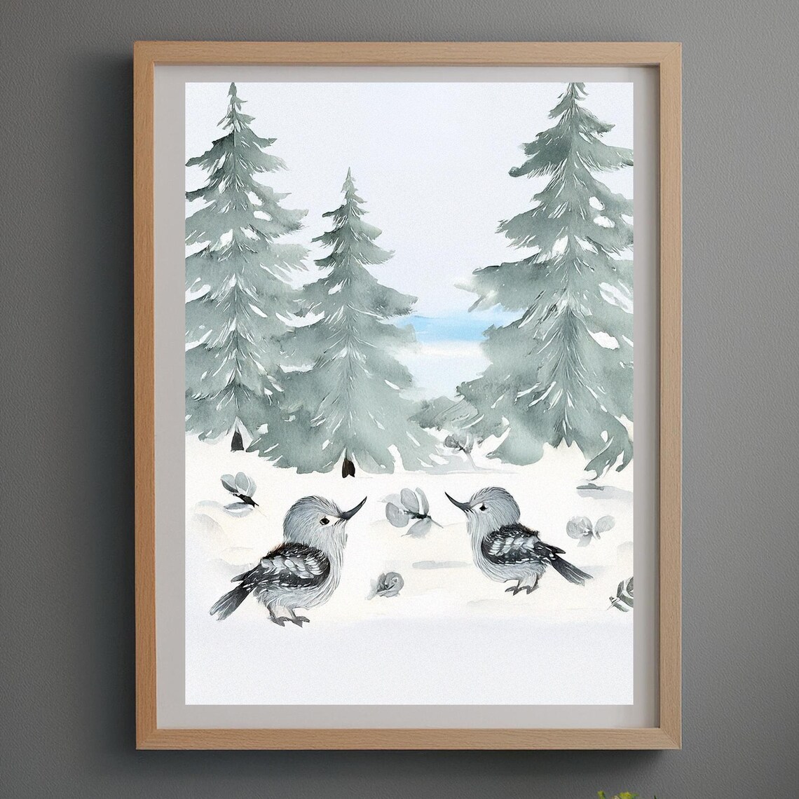 Two Winter Songbirds in Snowy Forest Watercolor Nursery Poster