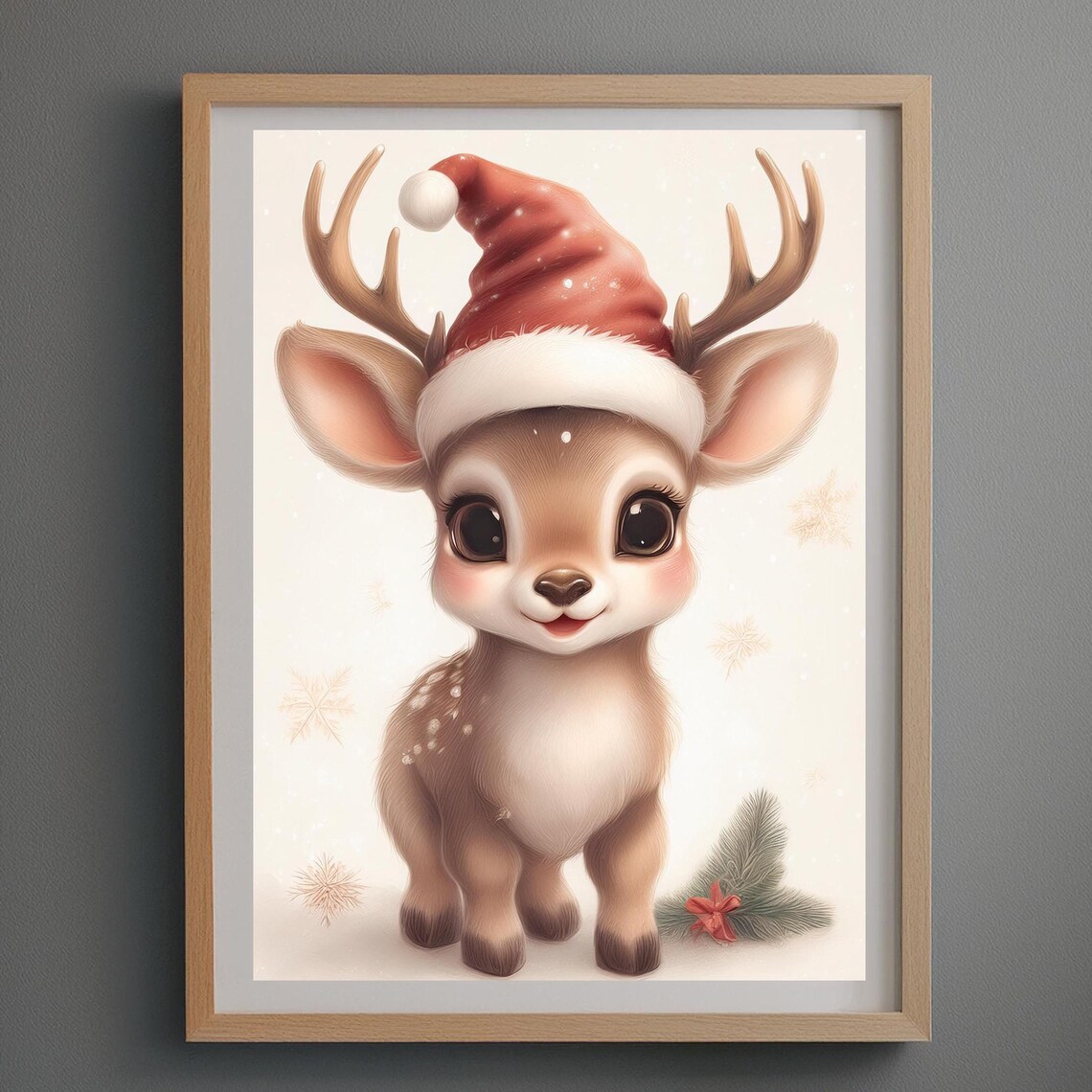 Sweet Baby Reindeer with Santa Hat Festive Holiday Wall Poster - Image 3