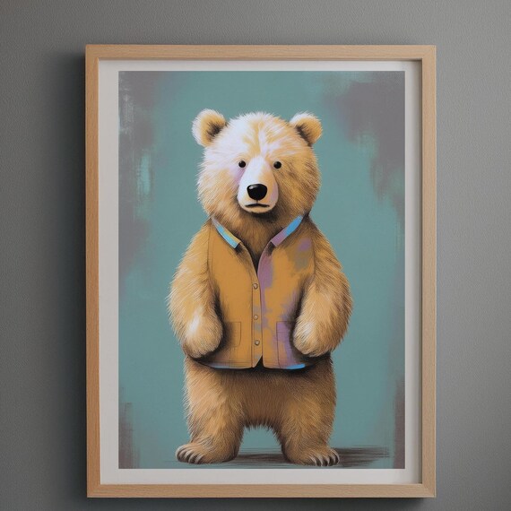 Bear in Mustard Vest Standing Illustrated Animal Portrait Poster