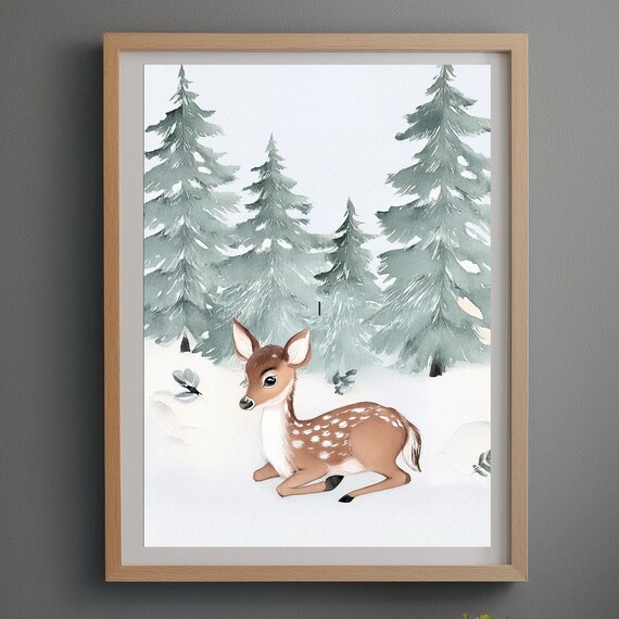 Winter Fawn Resting in Snowy Pine Forest Watercolor Nursery Poster
