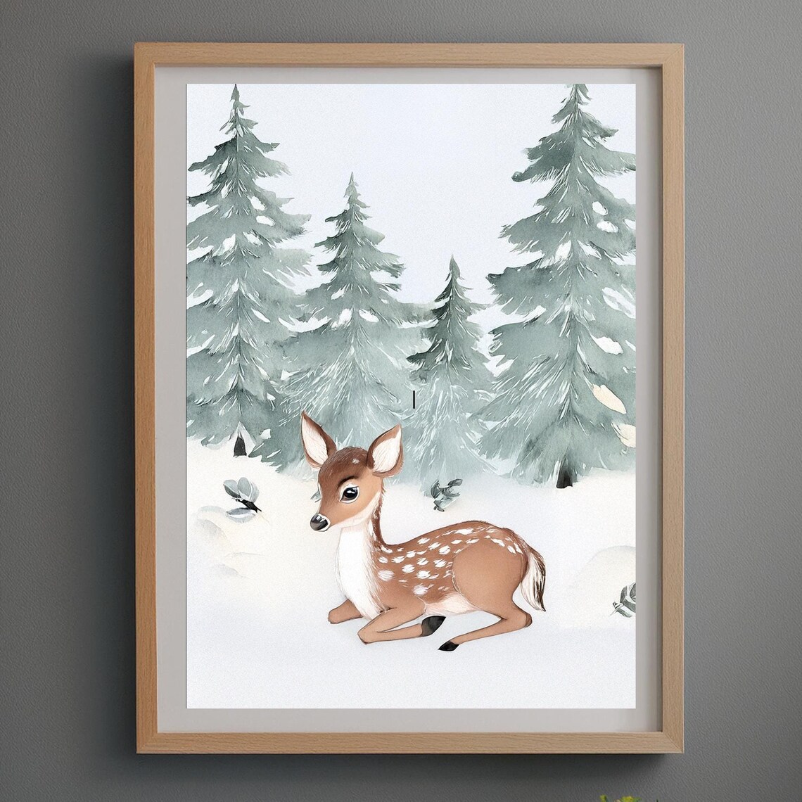Winter Fawn Resting in Snowy Pine Forest Watercolor Nursery Poster