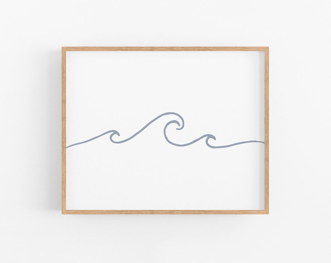 Minimalist Modern Grey Ocean Wave Line Art White Coastal Print