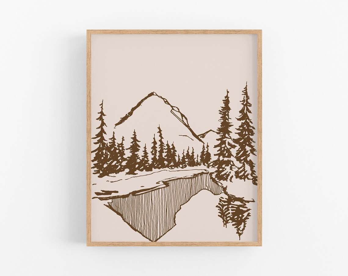 Mountain Lake Pine Forest Line Drawing Brown Beige Nature Art Print