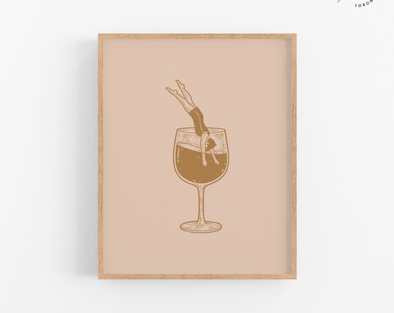 Retro Wine Glass Diver Woman Line Art Beige Kitchen Wall Decor Print