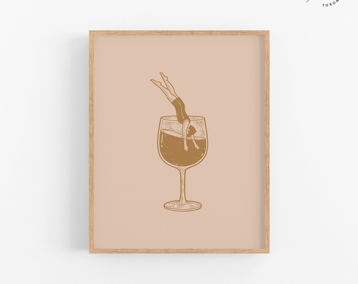 Retro Wine Glass Diver Woman Line Art Beige Kitchen Wall Decor Print