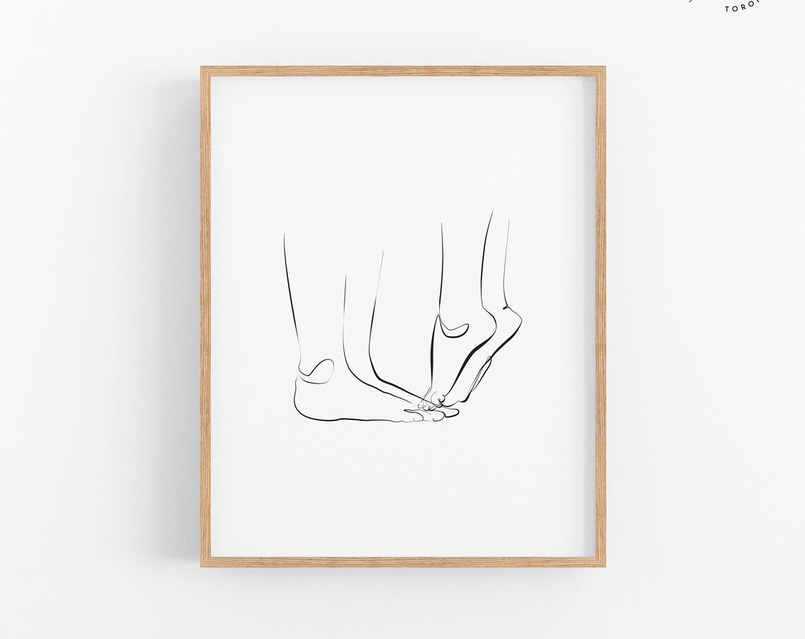 Bare Feet Couple Minimalist One Line Art Black White Drawing Poster