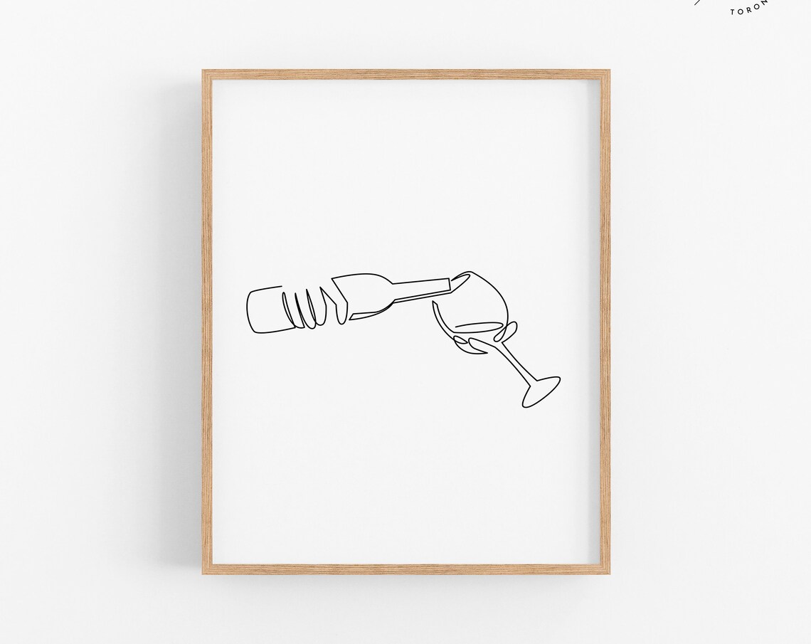 Minimalist Line Art Wine Bottle Pouring Glass Black White Poster