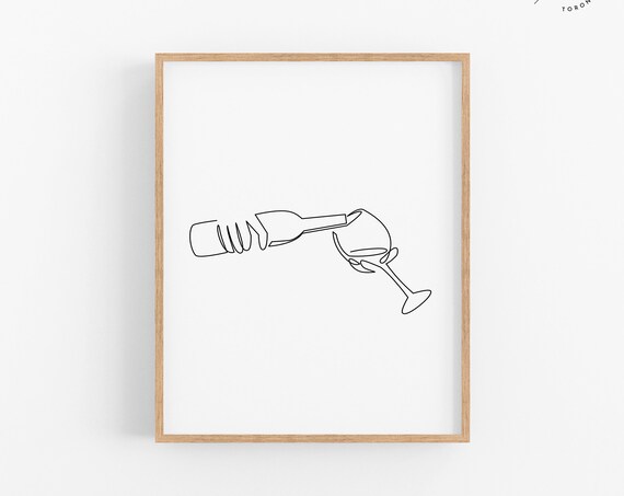 Minimalist Line Art Wine Bottle Pouring Glass Black White Poster