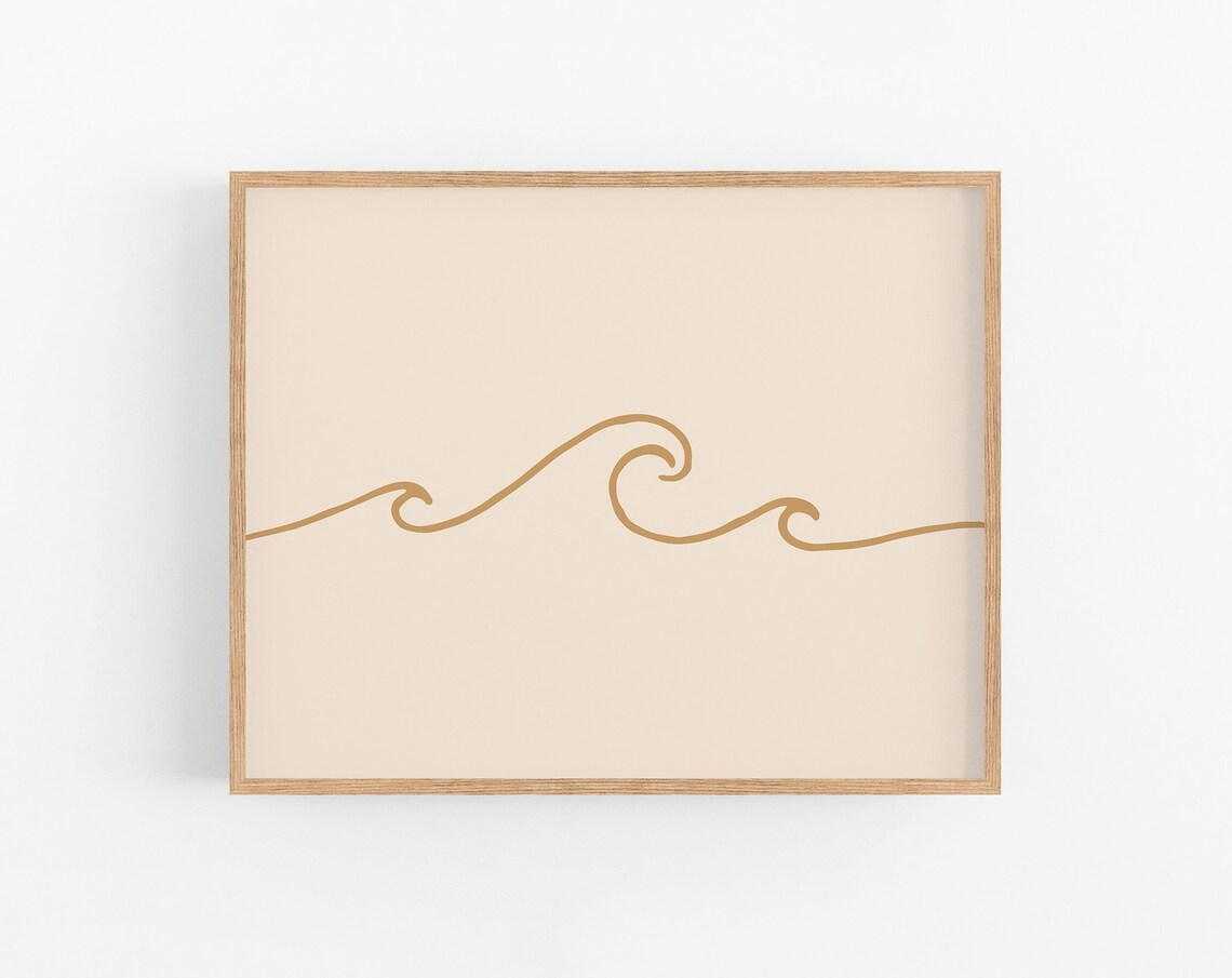 Minimalist Modern Gold Ocean Wave Line Art Beige Coastal Print