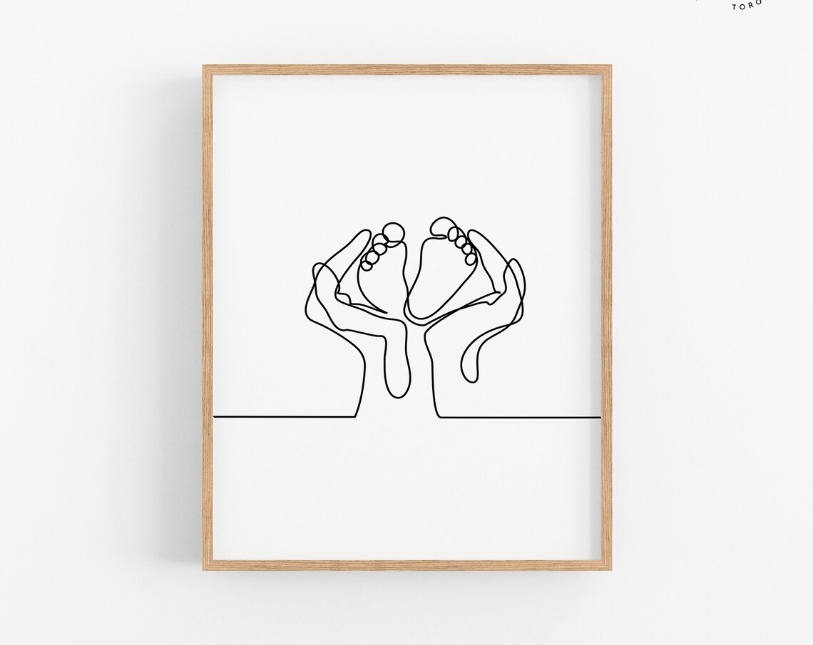 Baby Feet Held in Hands Line Drawing Sweet Nursery Art Poster