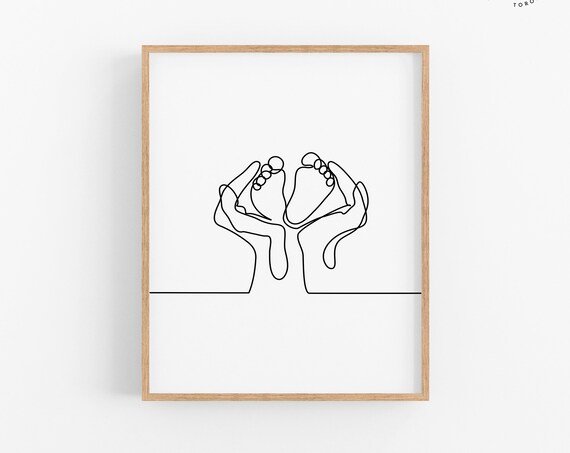 Baby Feet Held in Hands Line Drawing Sweet Nursery Art Poster