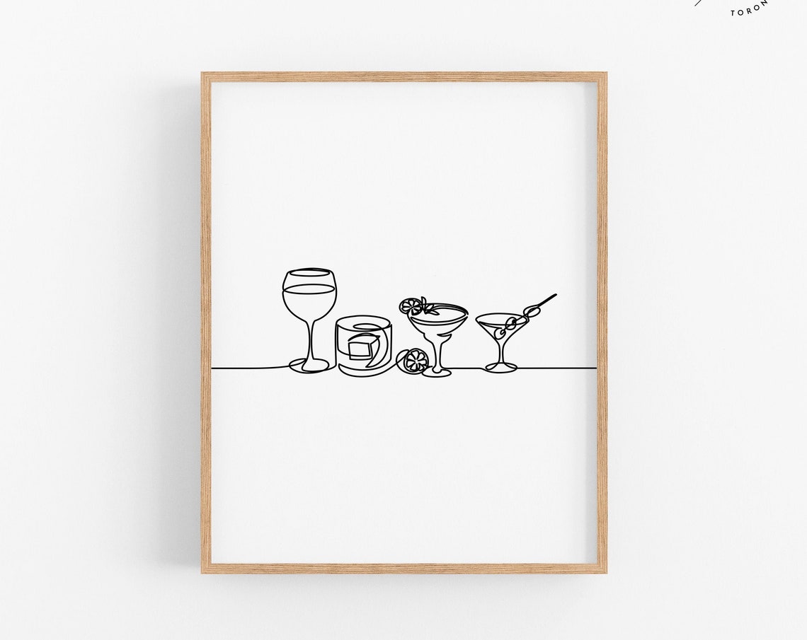 Cocktail Wine Martini Glasses Continuous Line Art Kitchen Bar Print