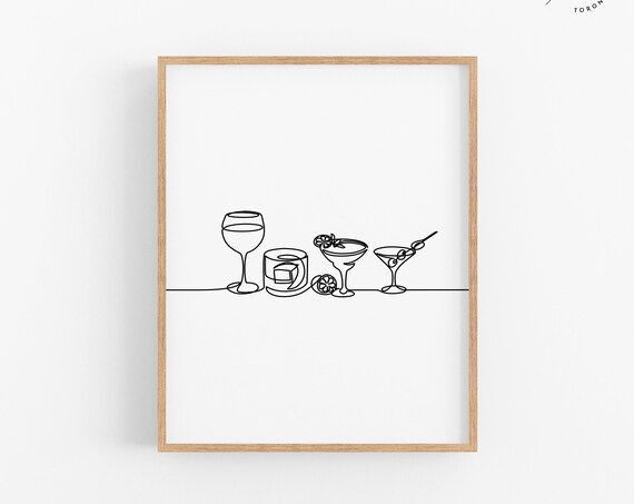 Cocktail Wine Martini Glasses Continuous Line Art Kitchen Bar Print