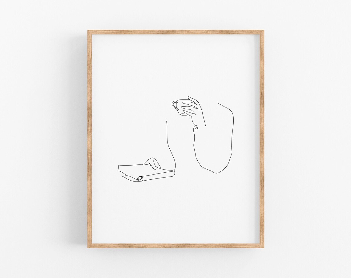Woman Drinking Coffee Reading Book Minimalist Line Art Poster
