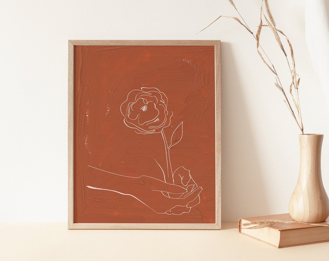 Terracotta Hand Holding Rose Flower White Line Drawing Wall Art