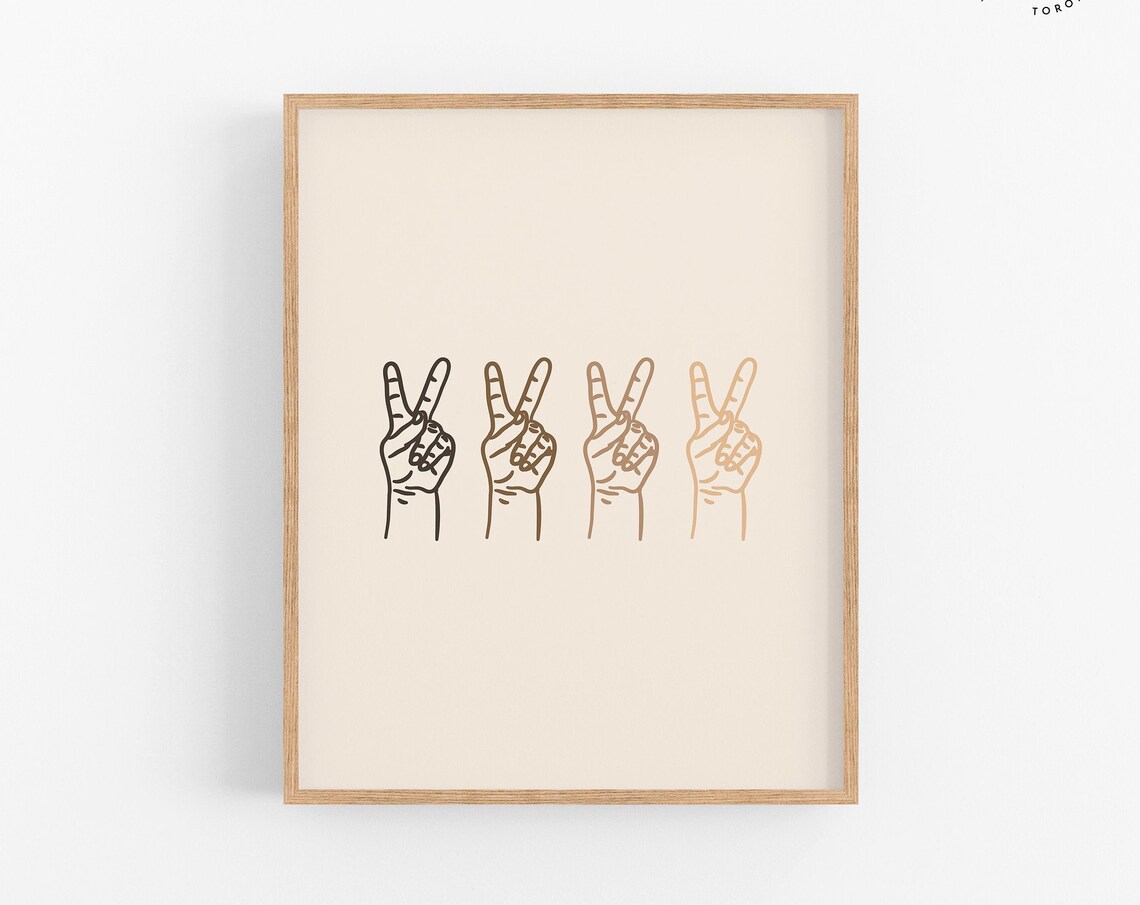 Peace Sign Hands Line Art Set of Four Beige Boho Minimalist Poster