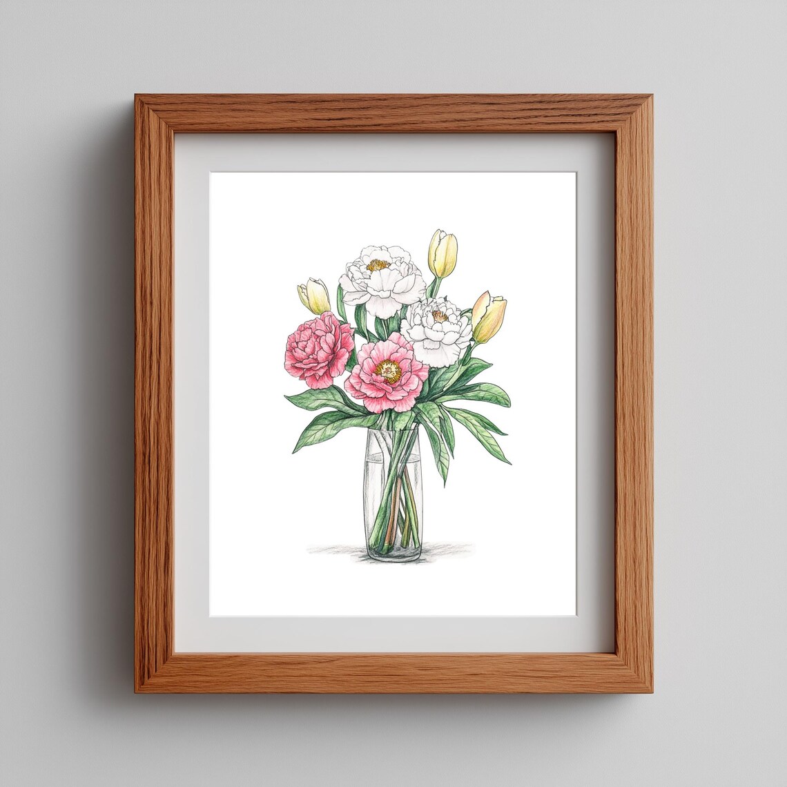 Pink Peonies Yellow Tulips Bouquet Spring Botanical Watercolor Decor Poster